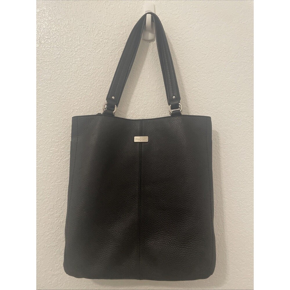 Cole Haan Fog Black Pebbled Leather Textured Tote Handbag Work Career Bag